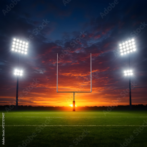 A wide shot of an empty American football field at sunset with stadium lights on.