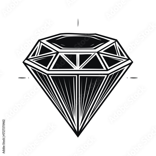 Geometric black and white diamond silhouette with sharp facets and clean lines, symbol of luxury and preciousness