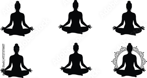 Meditation silhouettes in lotus yoga pose with mudra hand gesture, vector illustration symbolizing mindfulness, calmness, balance, relaxation, spirituality, focus, and wellness