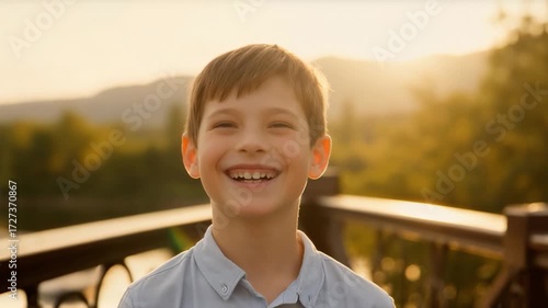 Joyful boy laughs. A charming young boy with bright eyes and a gap-toothed smile laughs happily at the camera, bathed in warm golden sunlight during a beautiful outdoor sunset.