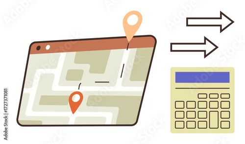 Digital map with route markers, arrows symbolizing movement, and a calculator. Ideal for travel planning, navigation, logistics, calculations, efficiency, organization simple flat metaphor