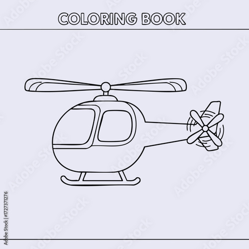 A detailed outline of a helicopter designed for coloring activities, featuring distinct rotor blades and body shape.