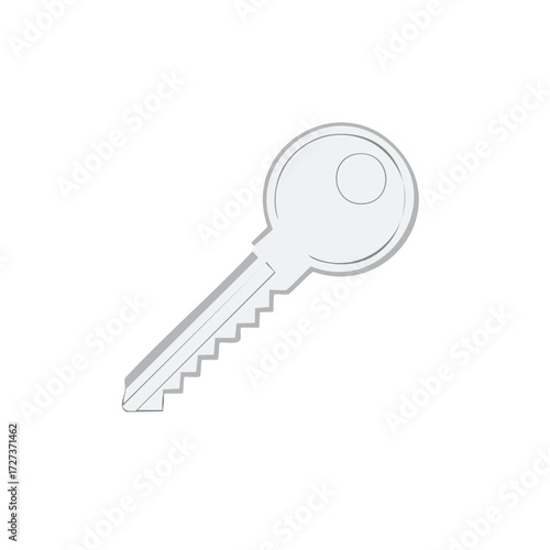 A single grey metal key with a toothed edge on a clean white background