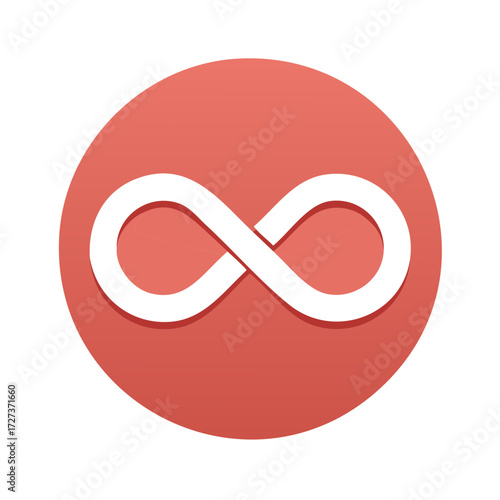 White infinity symbol on a red circular button representing eternity endlessness and a continuous loop