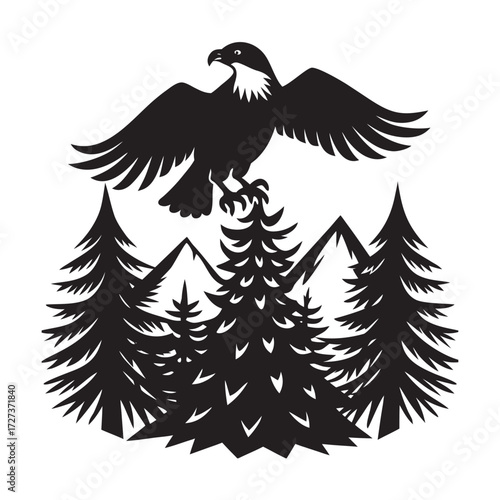 Eagle Feeding Eaglets On Tall Pine Silhouette