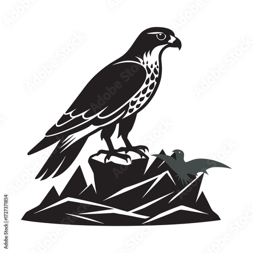 Falcon Feeding Chicks In Rocky Nest Silhouette