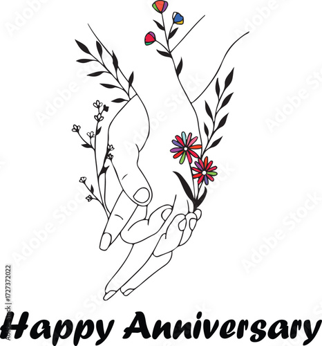 Happy Anniversary, Beautiful greeting banner poster calligraphy inscription black text word and art