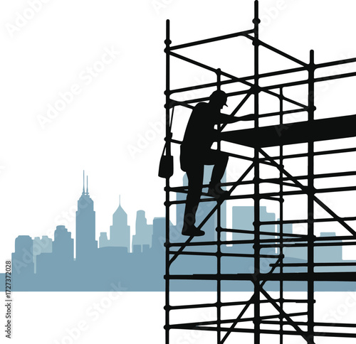 Construction worker silhouetted on scaffolding with city skyline background