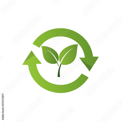 Green recycling symbol surrounding a young plant sprout representing growth and environmental sustainability