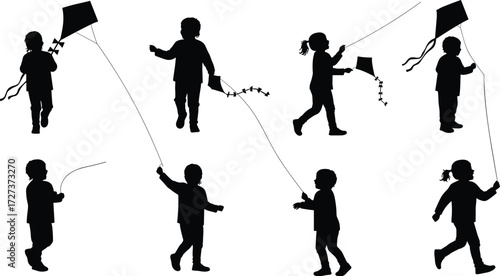 Silhouette children flying kites outdoors in summer sky, playful kids activity, happy childhood leisure, freedom, festival celebration, vector illustration design