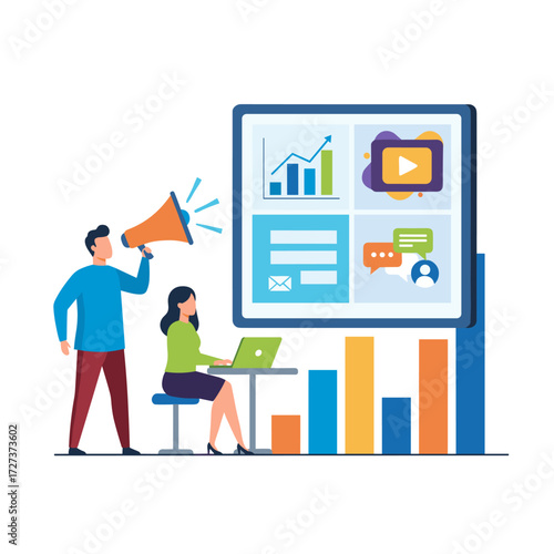Vector illustration of an online digital marketing team drawing customers to social networks