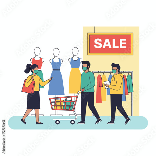 Vector illustration concept of people shopping in a mall while wearing masks