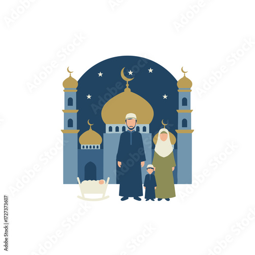 Illustration concept of Muslims praying together on a white background