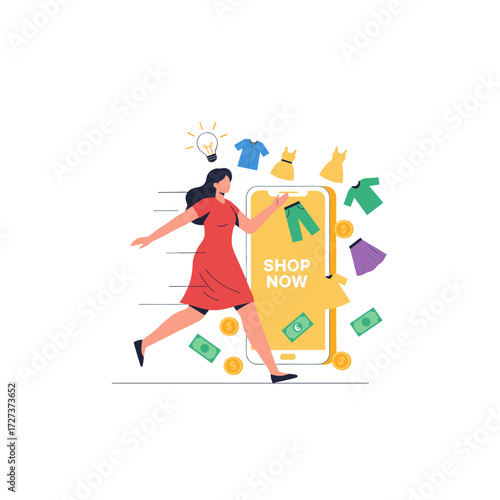A vector illustration concept depicts a woman being pulled into a smartphone by a single hand, presented as a flat illustration on a white background