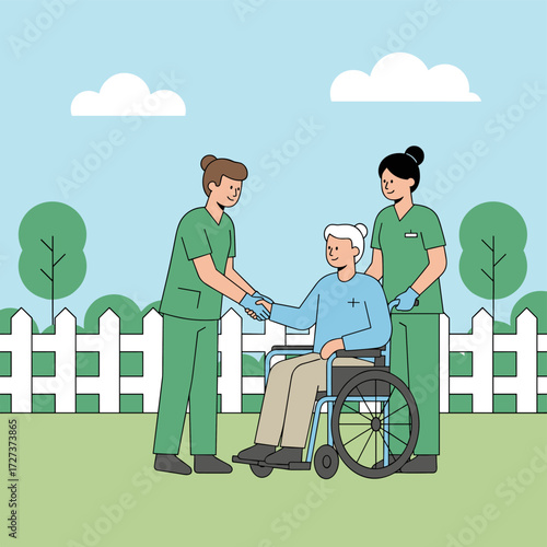 Illustration of nurses and a male doctor attending patients in wheelchairs in a hospital courtyard, suitable for web banners, infographics, and hero images, rendered in modern flat vector style
