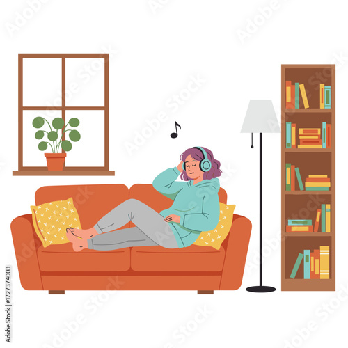 A vector illustration concept of a girl sleeping on a couch while listening to music, depicted as a flat illustration on a white background