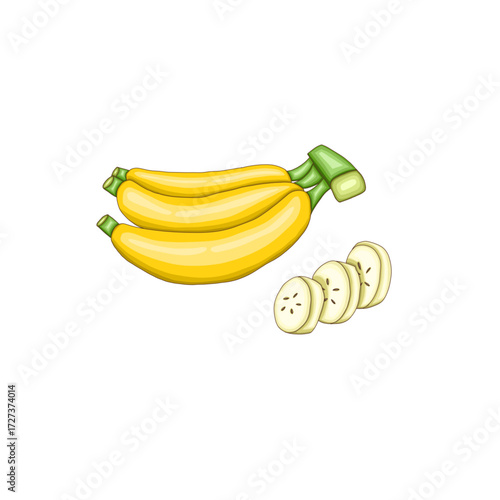 three slices of banana and Cavendish bananas.