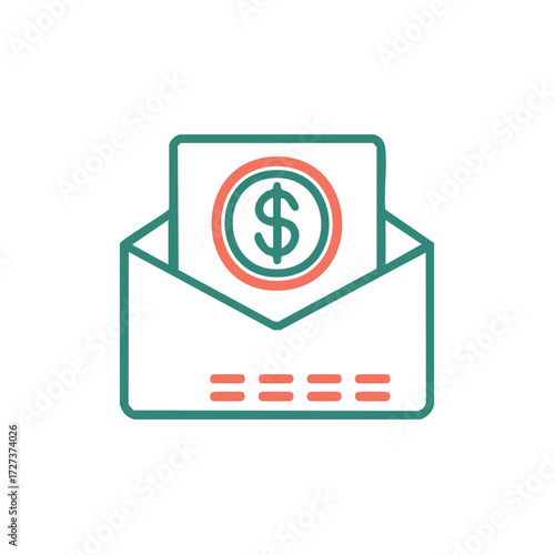 Simple line art icon of an envelope with a dollar sign for financial concepts like payment and salary