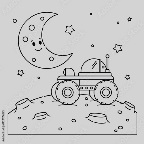 A cheerful lunar rover explores the moon's under a smiling crescent moon and twinkling stars.