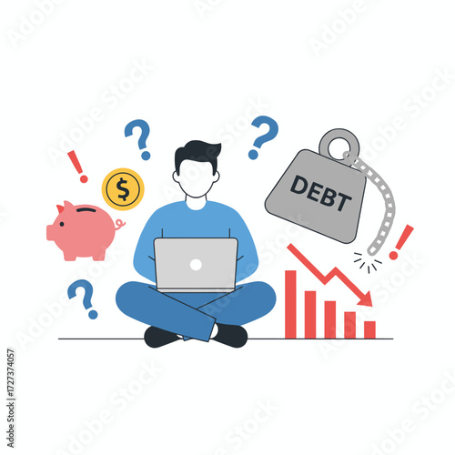 Illustration concept of a businessman overwhelmed by massive debt on a white background