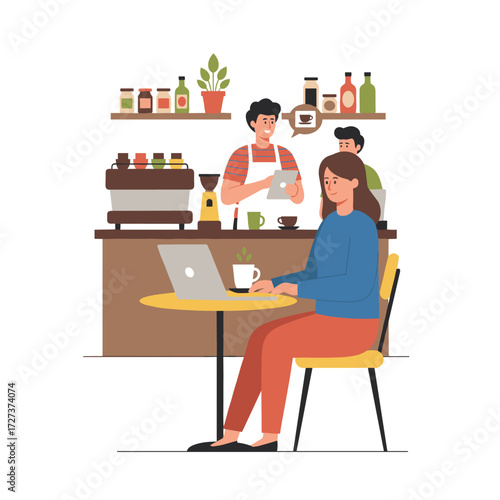 A coffee shop or café where patrons sit at tables, sipping coffee while working on laptops, and a barista stands at the counter