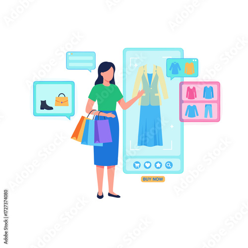 A woman in VR glasses enjoys a 3D shopping experience in the metaverse