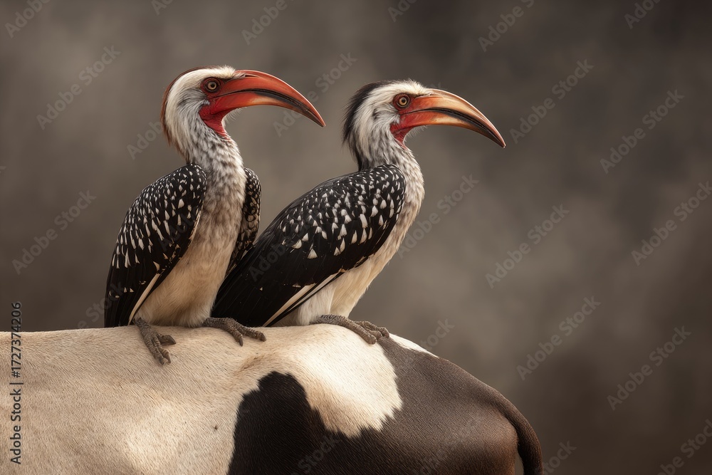 Obraz premium Two hornbills perched on an animal's back