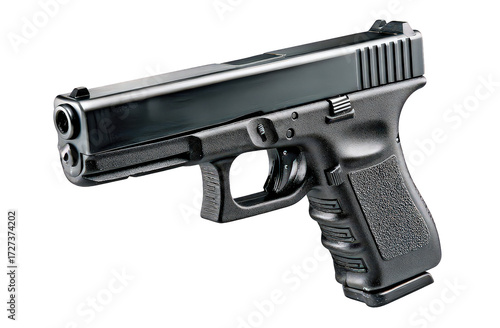 Black Handgun with Textured Grip on Black Background