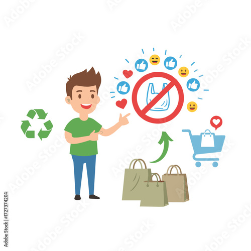 Illustration concept without a plastic bag: a flat illustration set against a white background
