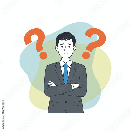A bewildered businessman is positioned amid question mark symbols in a conceptual illustration