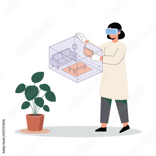 Concept for a virtual home tour illustration: a flat image set against a white background