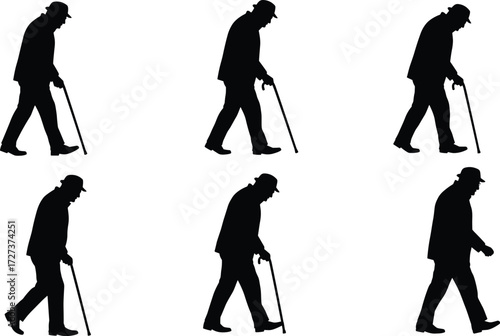 Silhouette elderly person walking with cane, senior man mobility support, aging health concept, retirement lifestyle, vector illustration for medical awareness