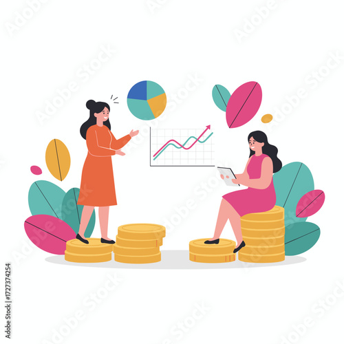 A pair of girls investigate the advantages of the  market in a vector illustration