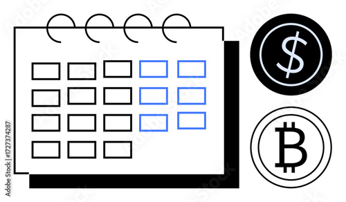 Calendar with marked dates, dollar and bitcoin icons representing currency management, financial planning. Ideal for finance, budgeting, economy, savings, investments, cryptocurrency scheduling