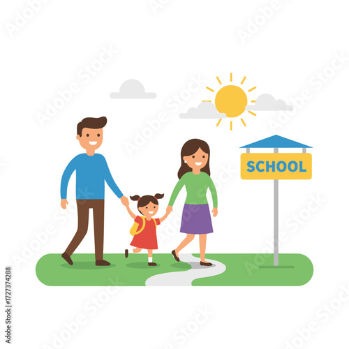 Illustration concept: parents escorting their children to school on a white background