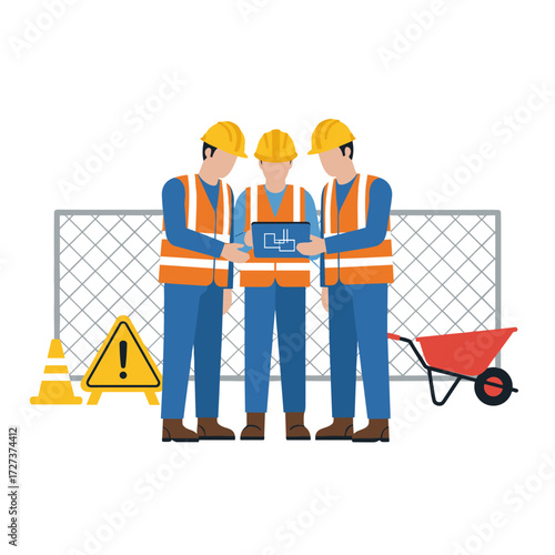 Illustration concept of a construction site engineer performing a routine standup, presented as a flat illustration on a white background