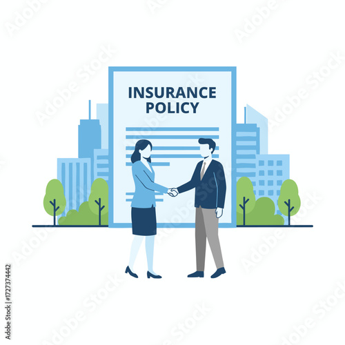 Insurance policy concept: a beautiful woman shaking hands with a businessman in front of the policy
