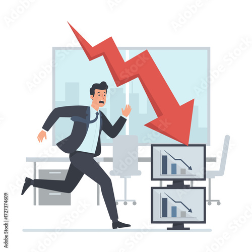 A vector illustration concept of a loss arrow striking a businessman, depicting a financial crisis; a flat illustration set against a white background