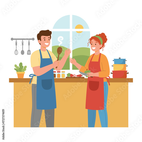 On March a couple cooks together as part of a Women’s Day illustration concept