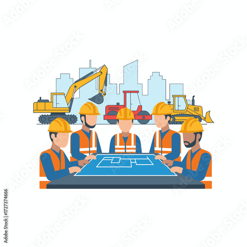 A flat illustration of a construction team working on a new project, isolated on a white background