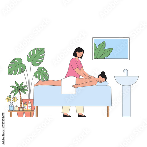 A calm woman receives a back massage from a skilled therapist in a luxurious spa, embodying wellness, healing, and relaxation