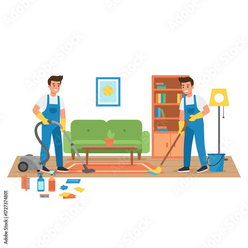 A male worker vacuums the living room floor