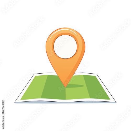 Orange location pin icon on a green folded map. GPS navigation, travel, and destination concept.