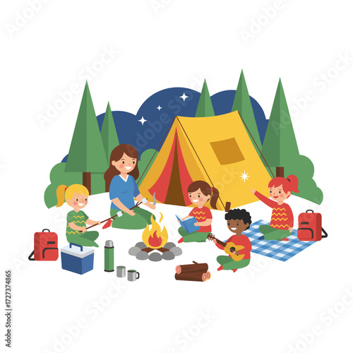 Vector illustration concept of children camping in the park, a flat illustration set against a white background