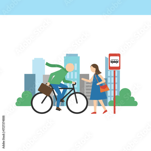 Illustration concept of going to work: a flat illustration set against a white background