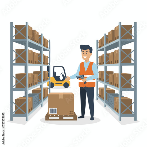 A warehouse employee scans a box while grinning at the camera