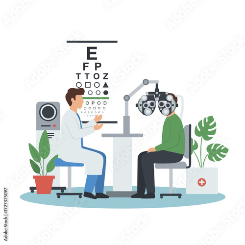 Concept for an eye checkup illustration: a flat design set against a white background