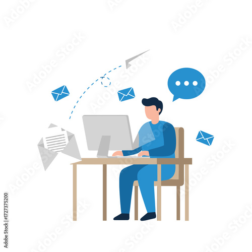 A vector illustration of a marketer at a computer sending emails to customers