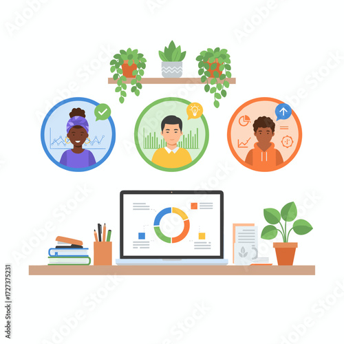 Concept illustration of an online business meeting, presented as a flat image on a white background