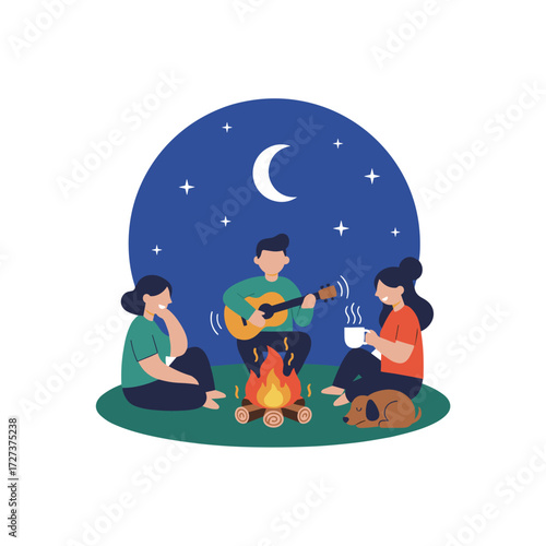 A group of men and women enjoy camping, picnicking, and barbecuing in a vector illustration concept